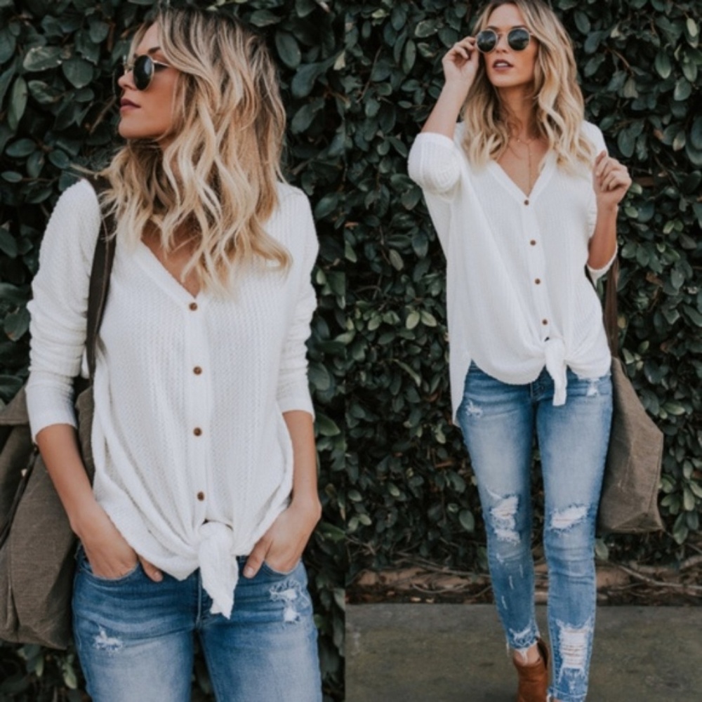 LAST 1! Cream waffle knit button up tie front top - Picture 2 of 6